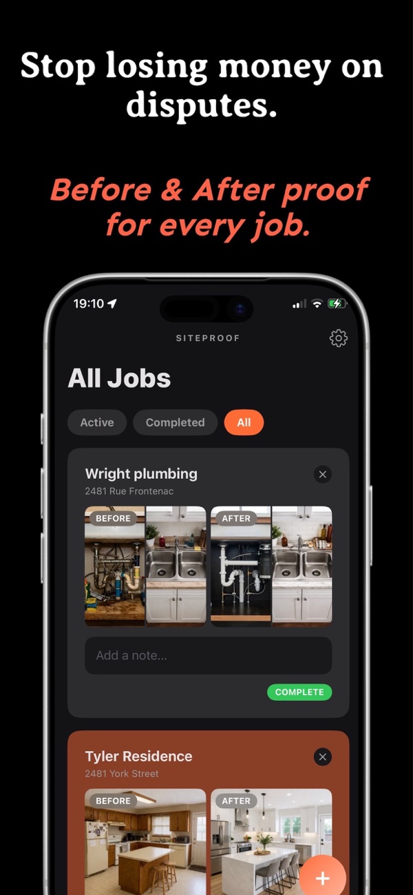 SiteProof job list showing before and after photo pairs for plumbing and kitchen renovation jobs