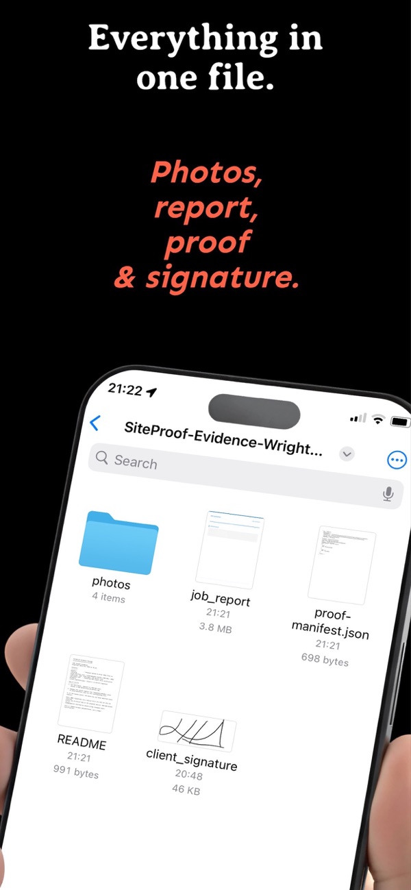 Evidence package ZIP containing photos, PDF report, proof manifest, and client signature in the Files app